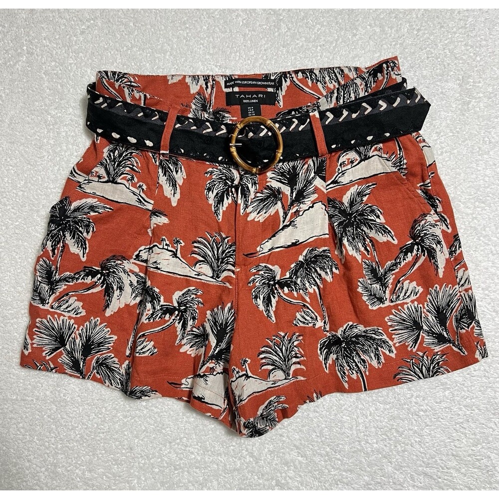 Tahari 100% Linen Shorts Women's 8 Multi Belted Chino Flax Tropical Resortwear